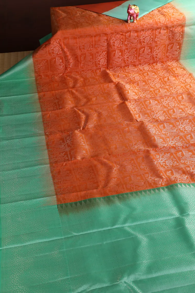 Fire Orange Soft Silk Saree with Silver Zari Floral Patterns view 2