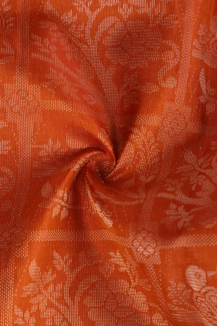 Fire Orange Soft Silk Saree with Silver Zari Floral Patterns view 4