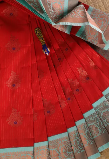Rose Red Visiri Madippu Silk Sarees with Copper Zari Straipes And Puttas