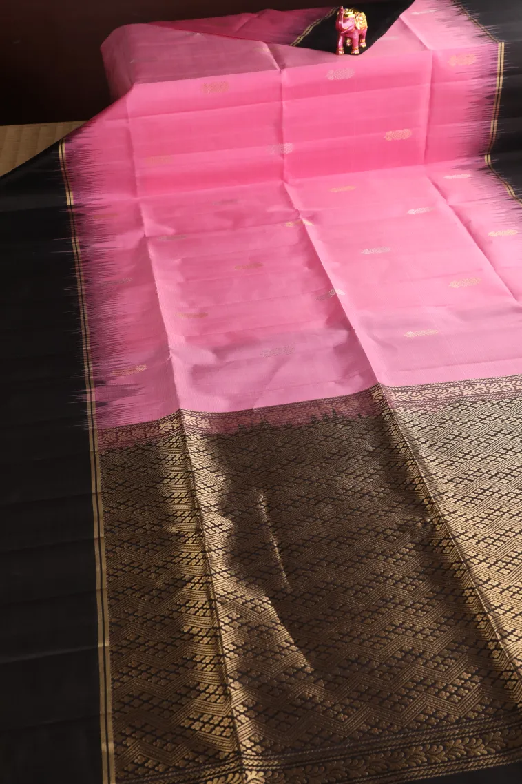 Rose Pink Soft Silk Saree with Gold And Silver Zari Floral Patterns view 2