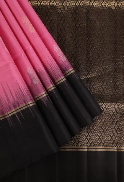 Rose Pink Soft Silk Saree with Gold And Silver Zari Floral Patterns