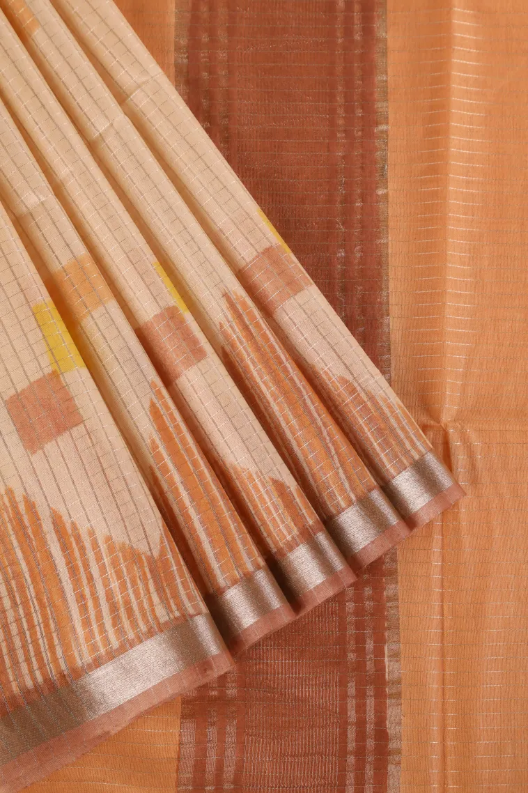 Peach Pink Semi Tussar Silk with Gold And Silver Zari Small Checks Pattern view 1