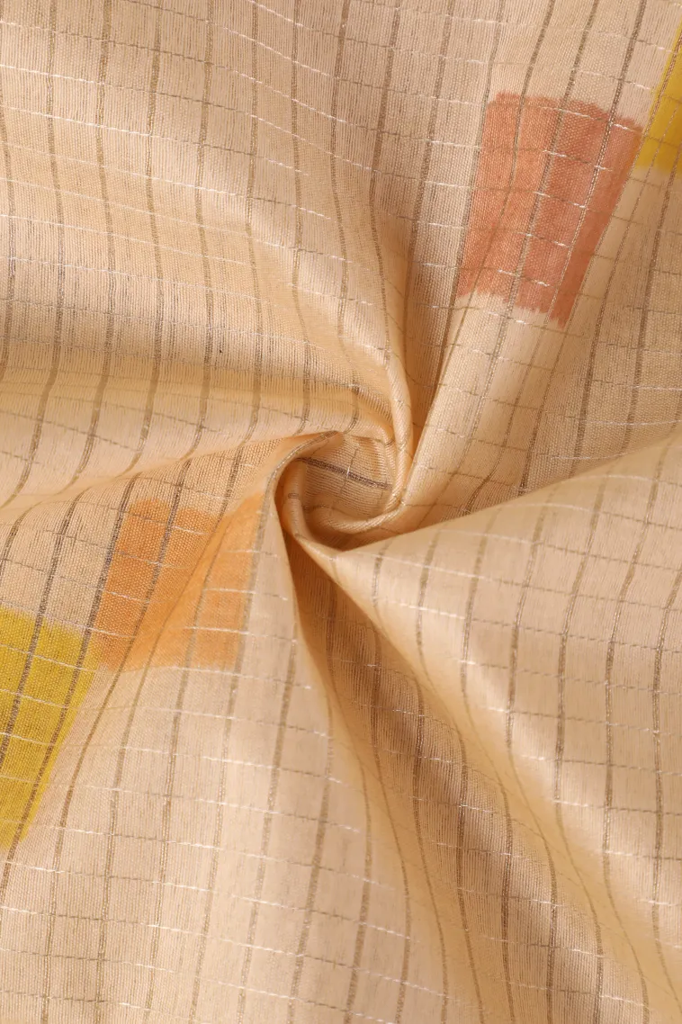 Peach Pink Semi Tussar Silk with Gold And Silver Zari Small Checks Pattern view 4