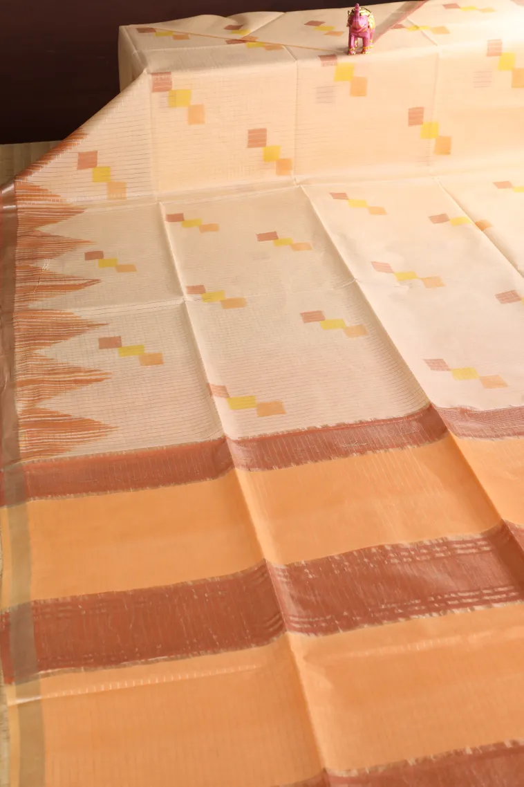 Peach Pink Semi Tussar Silk with Gold And Silver Zari Small Checks Pattern view 2