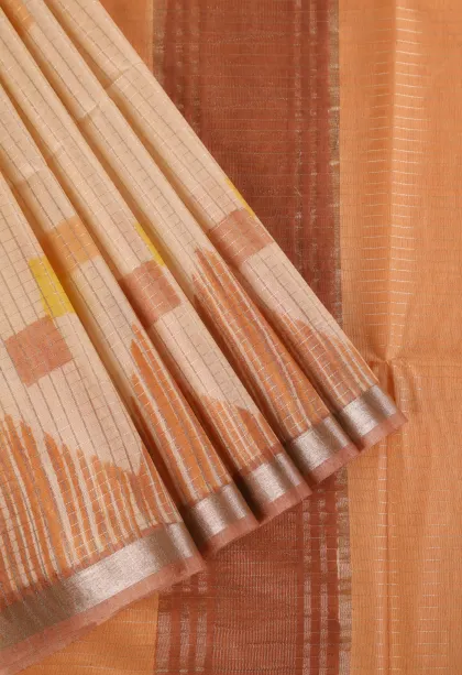 Peach Pink Semi Tussar Silk with Gold And Silver Zari Small Checks Pattern