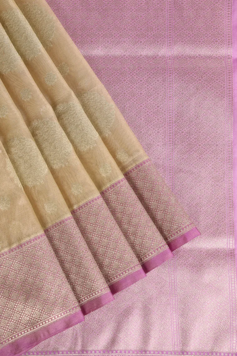 Sand Yellow Tissue Banaras with Gold Zari Buttis (small Dots Or Motifs)