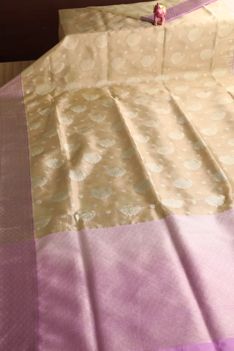 Sand Yellow Tissue Banaras with Gold Zari Buttis (small Dots Or Motifs) view 2