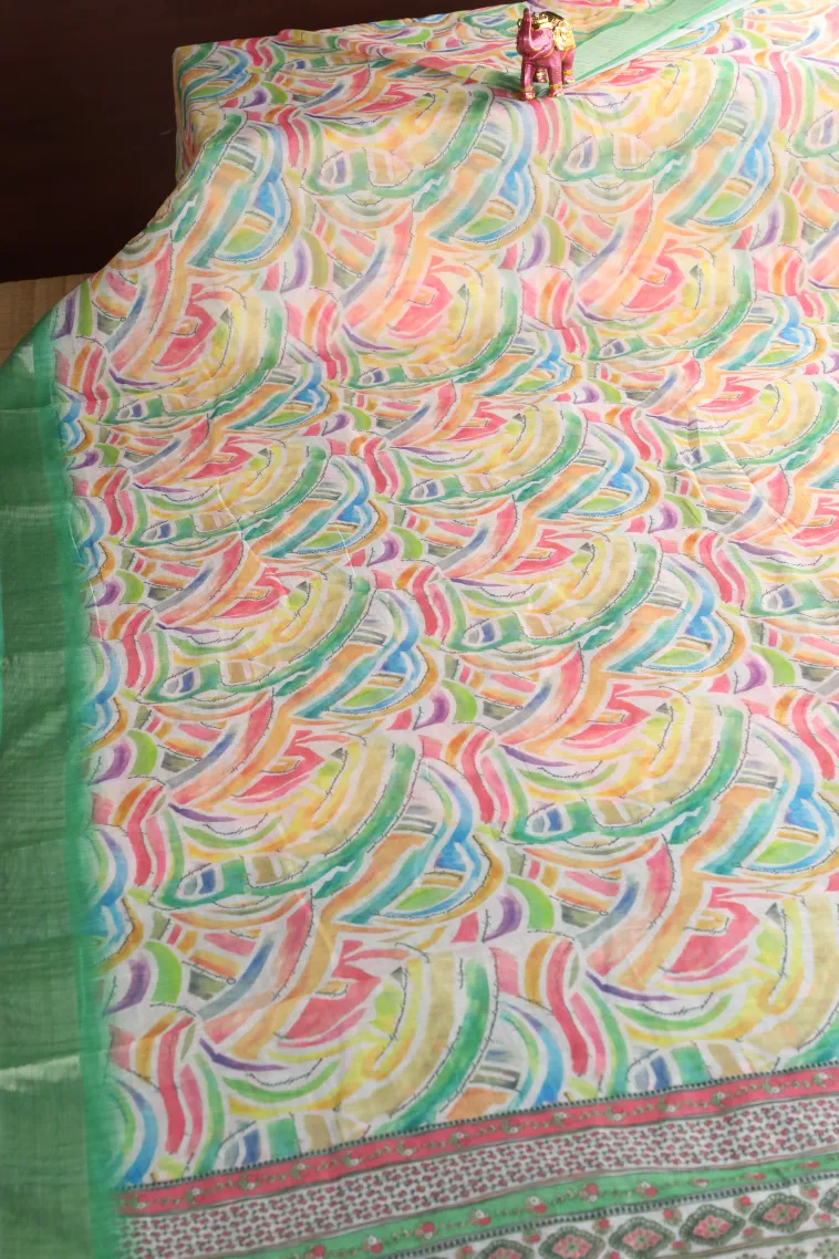Cotton White Linen Saree Without Zari With Geometric Shapes view 2