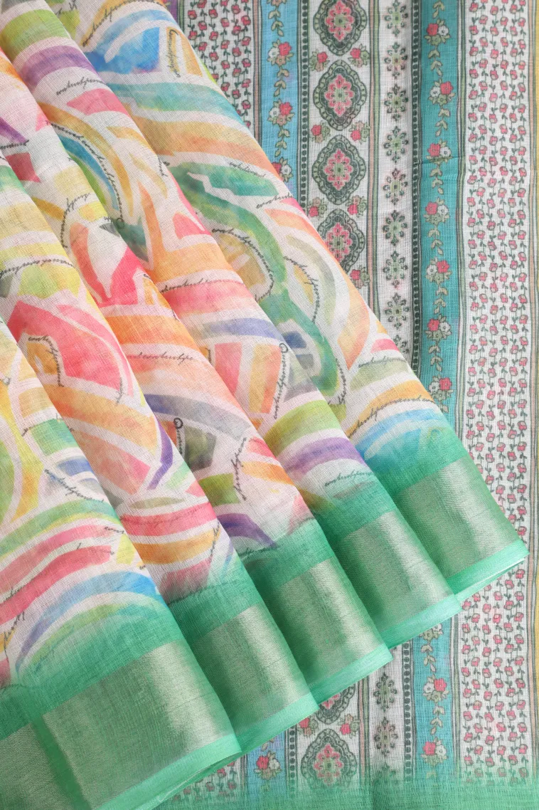 Cotton White Linen Saree Without Zari With Geometric Shapes