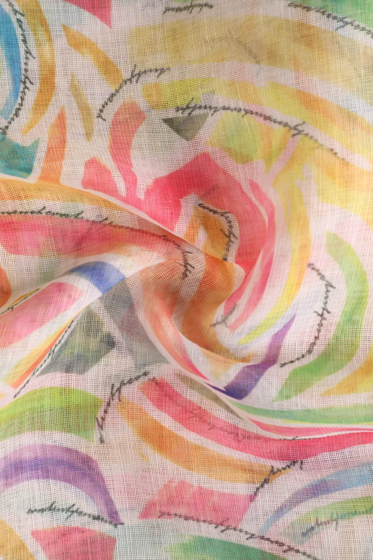 Cotton White Linen Saree Without Zari With Geometric Shapes view 4