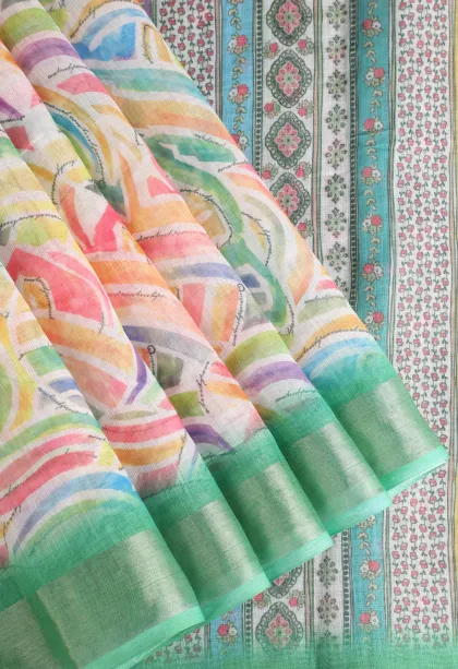 Cotton White Linen Saree Without Zari With Geometric Shapes
