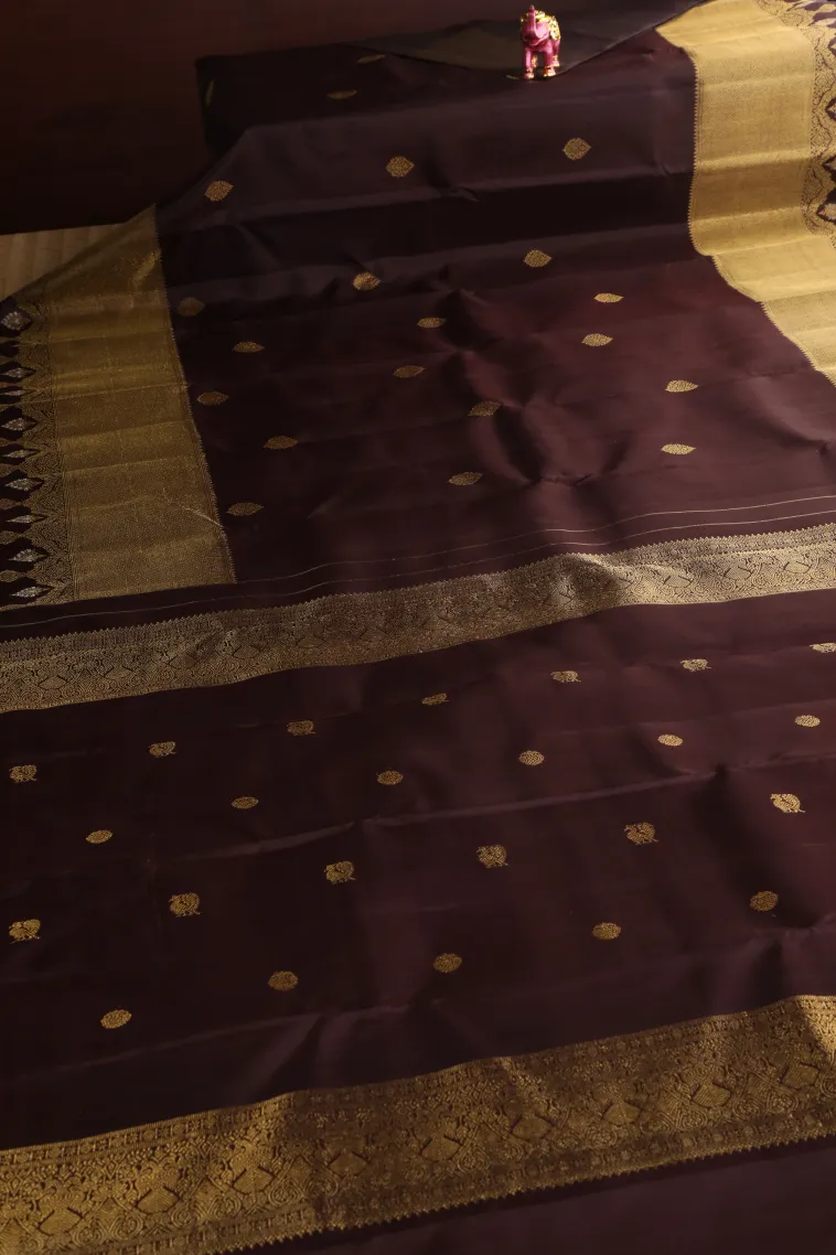 Coffee Brown Kanchipuram Silk Sarees with Gold And Silver Zari Buttis (small Dots Or Motifs) view 2