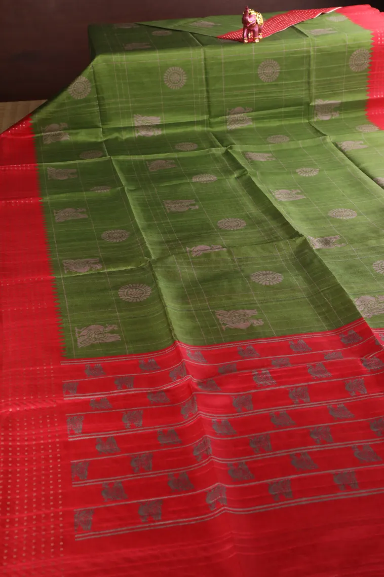 Forest Green Tussar Saree Without Zari With Checks And Puttas view 2