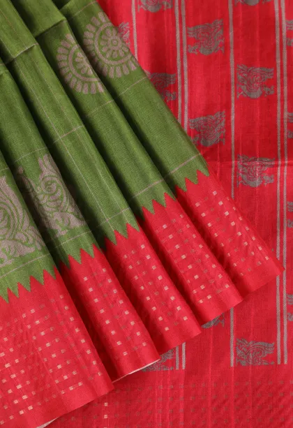 Forest Green Tussar Saree Without Zari With Checks And Puttas