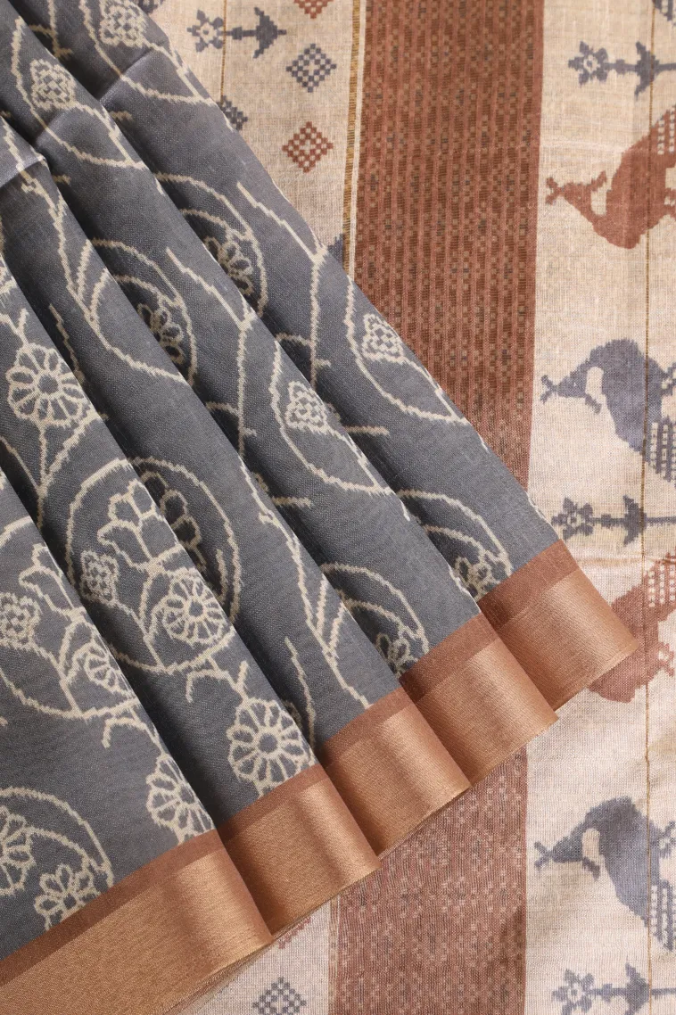 Slate Blue Jute Sarees Without Zari With Floral Patterns view 1