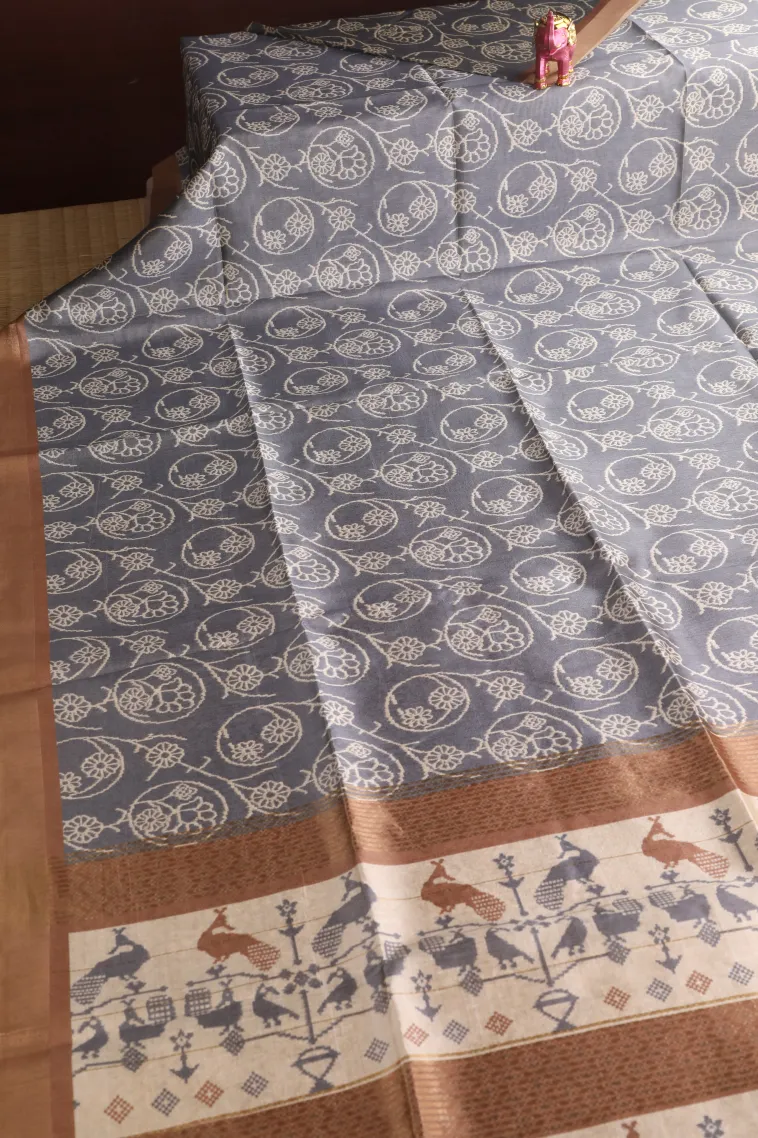 Slate Blue Jute Sarees Without Zari With Floral Patterns view 2