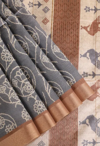 Slate Blue Jute Sarees Without Zari With Floral Patterns