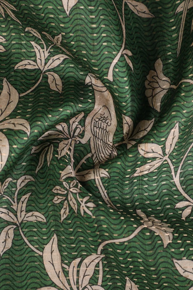Seaweed Green Tussar Saree with Gold Zari Birds Mottif view 4