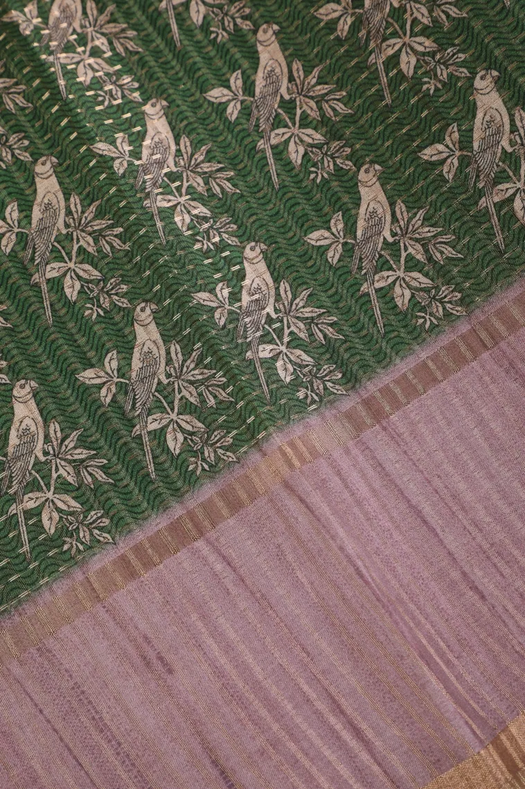 Seaweed Green Tussar Saree with Gold Zari Birds Mottif view 3