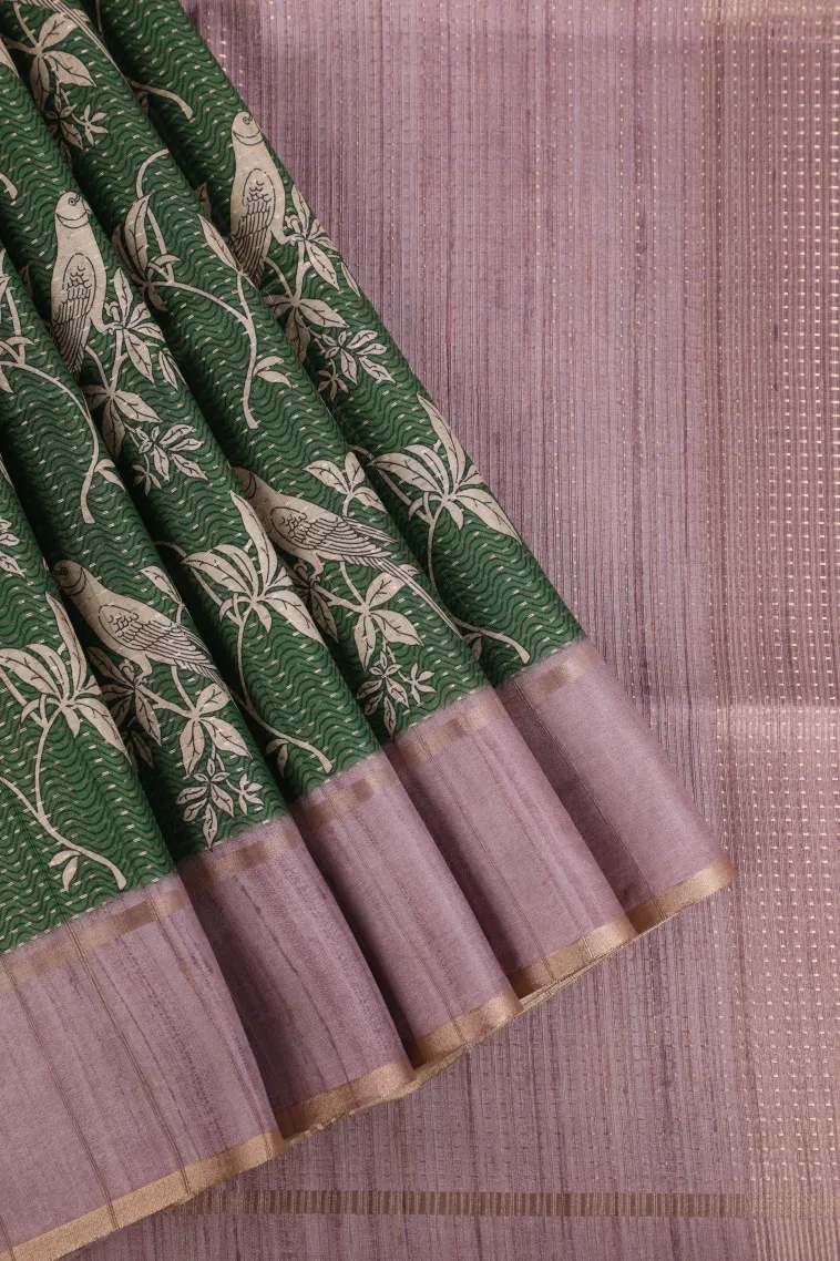 Seaweed Green Tussar Saree with Gold Zari Birds Mottif view 1