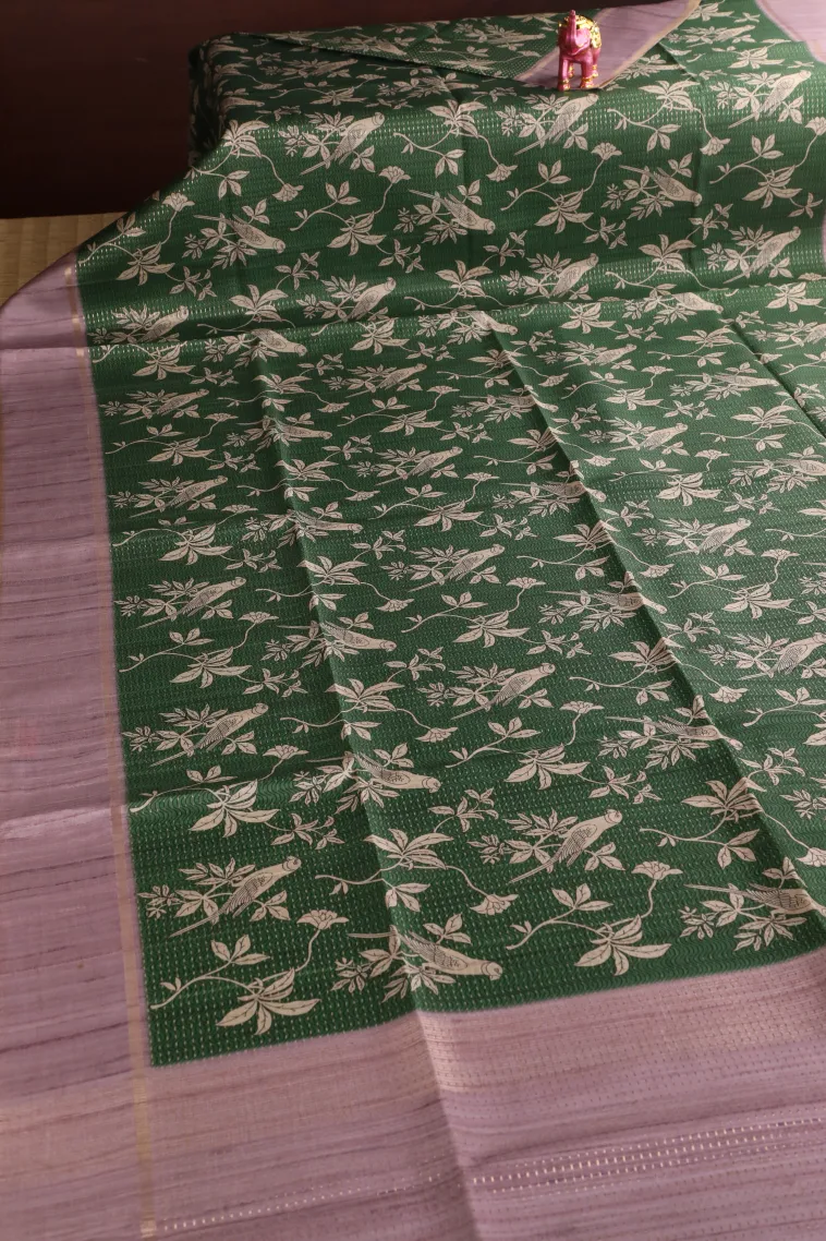 Seaweed Green Tussar Saree with Gold Zari Birds Mottif view 2