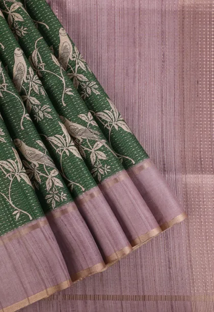 Seaweed Green Tussar Saree with Gold Zari Birds Mottif
