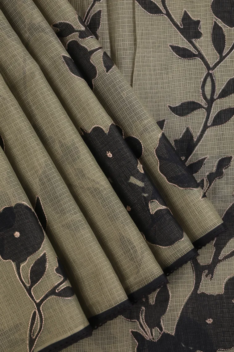 Pistachio Green Manipuri Cotton Sarees with Gold Zari Floral Patterns