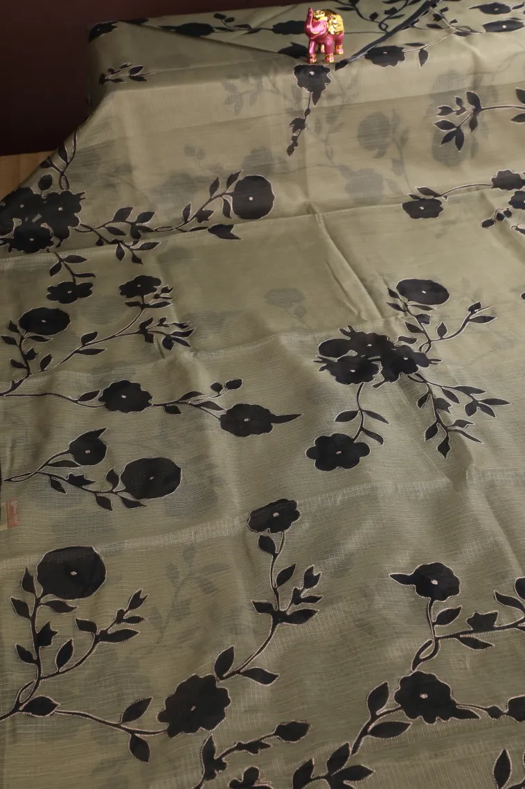 Pistachio Green Manipuri Cotton Sarees with Gold Zari Floral Patterns view 2