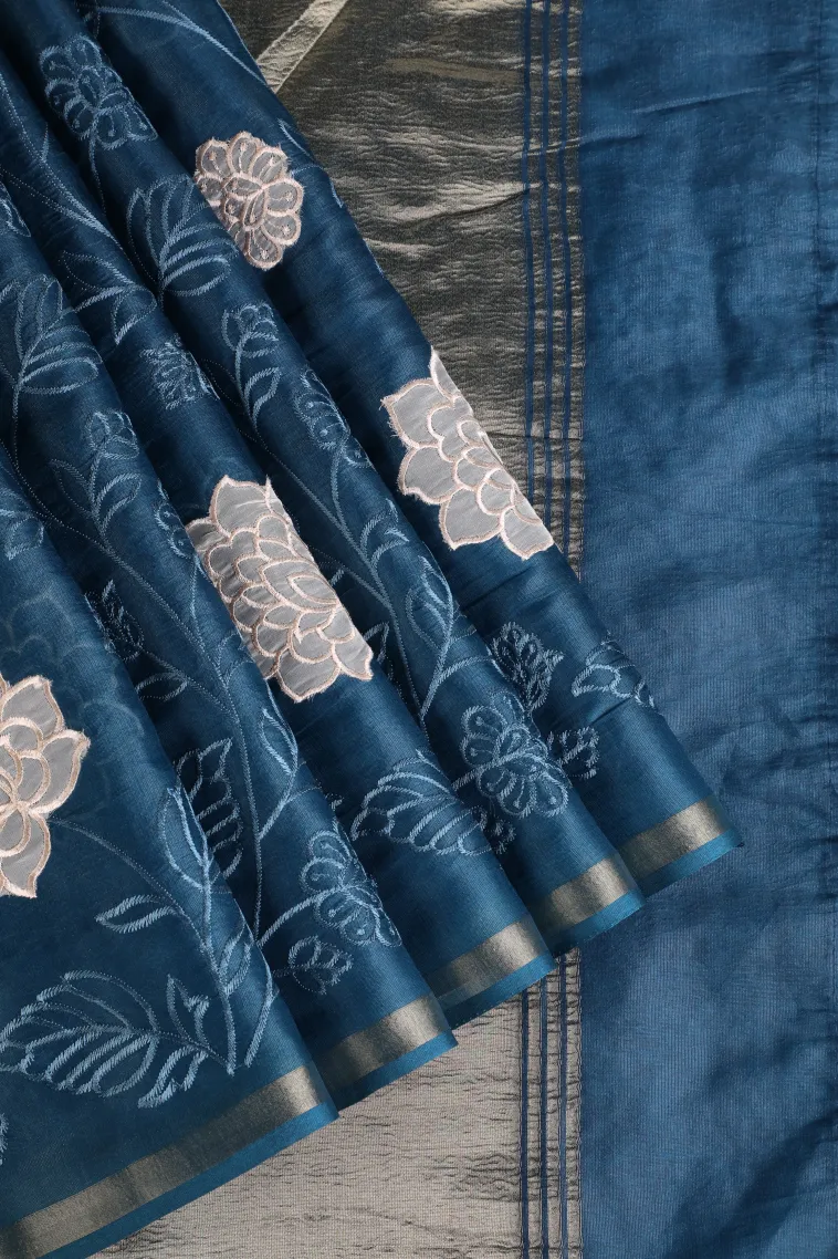 Cerulean Blue Tissue Silk Sarees with Gold Zari Floral Patterns