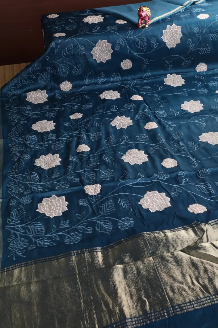 Cerulean Blue Tissue Silk Sarees with Gold Zari Floral Patterns view 2