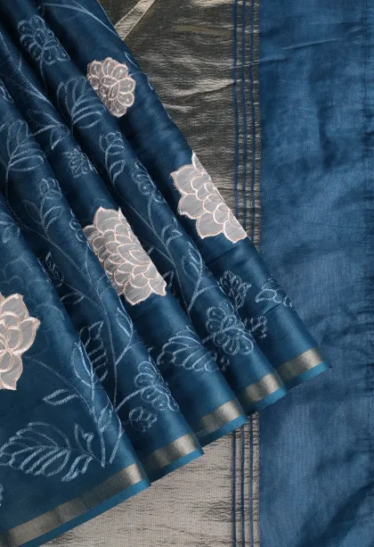 Cerulean Blue Tissue Silk Sarees with Gold Zari Floral Patterns