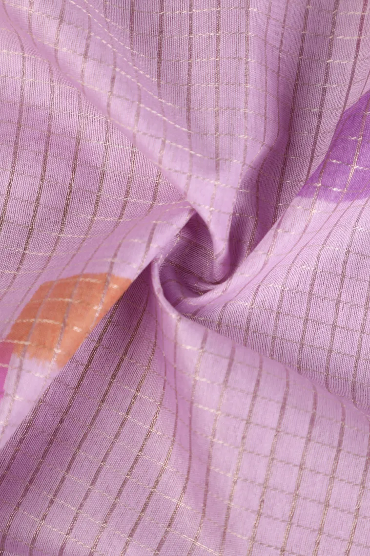 Lavender Purple Semi Tussar Silk with Gold And Silver Zari Small Checks Pattern view 4
