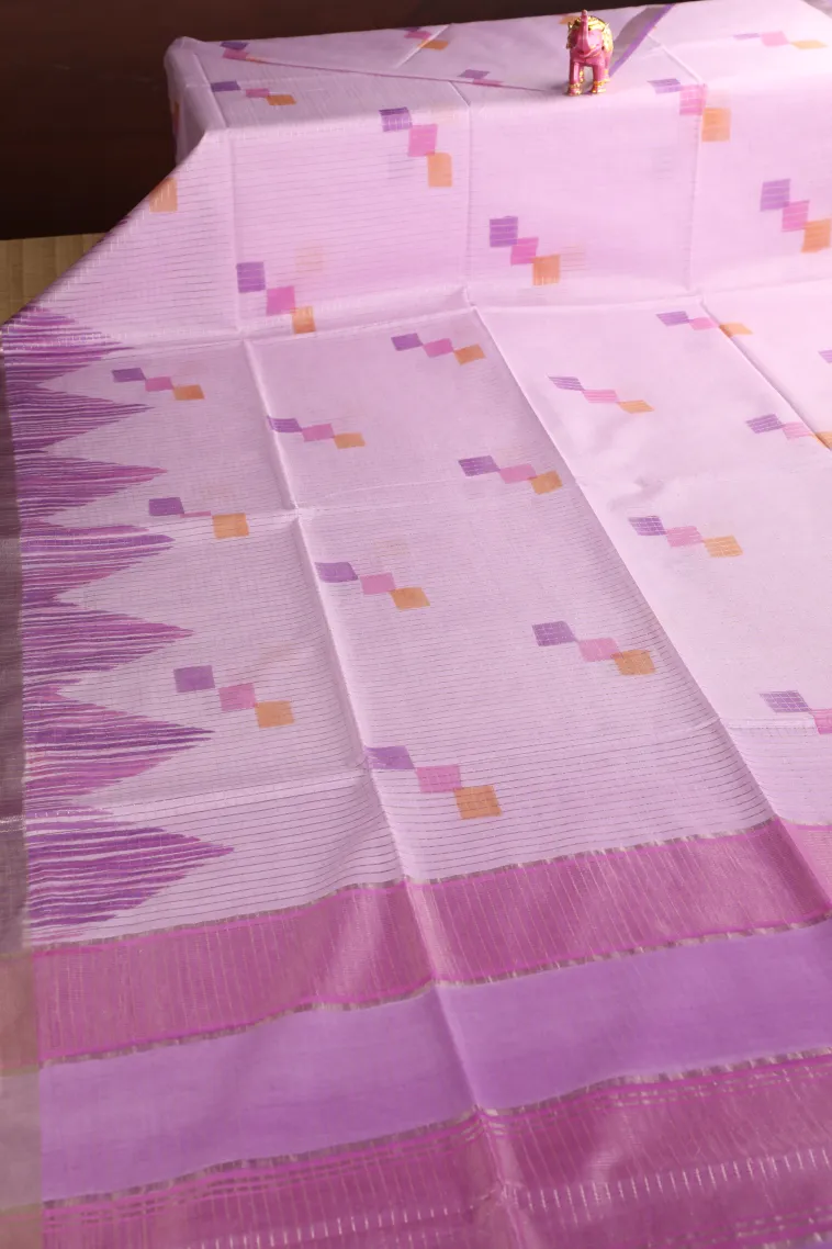 Lavender Purple Semi Tussar Silk with Gold And Silver Zari Small Checks Pattern view 2