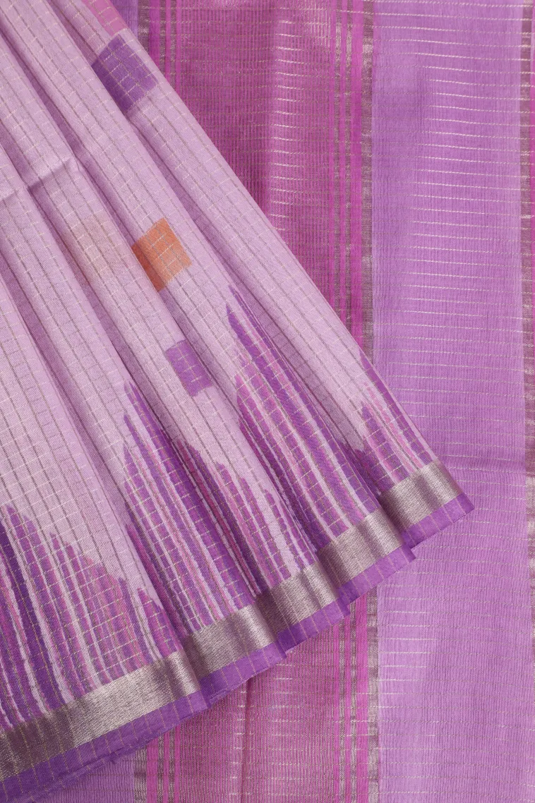 Lavender Purple Semi Tussar Silk with Gold And Silver Zari Small Checks Pattern
