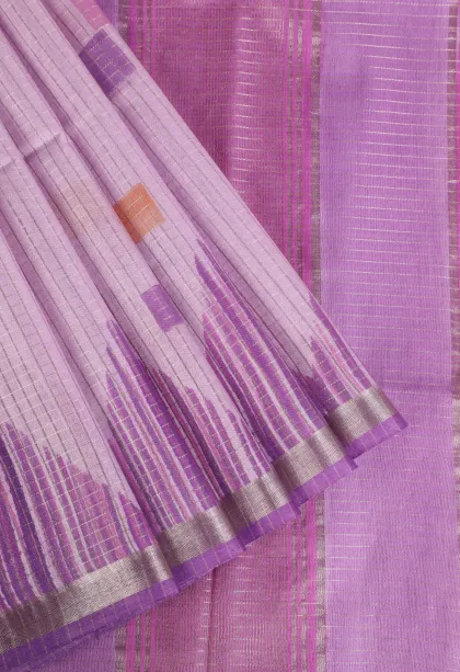 Lavender Purple Semi Tussar Silk with Gold And Silver Zari Small Checks Pattern