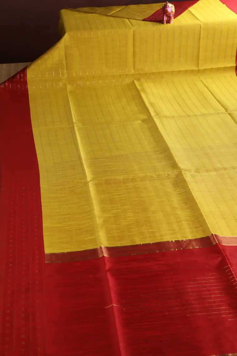 Lemon Yellow Tussar Saree with Gold Zari Cross Straipes view 2