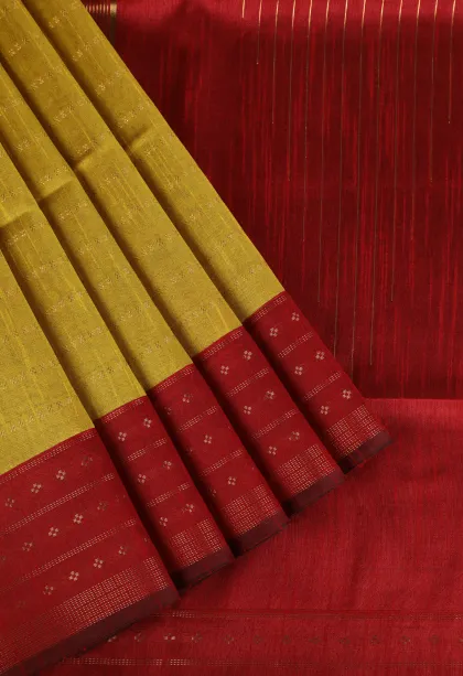 Lemon Yellow Tussar Saree with Gold Zari Cross Straipes