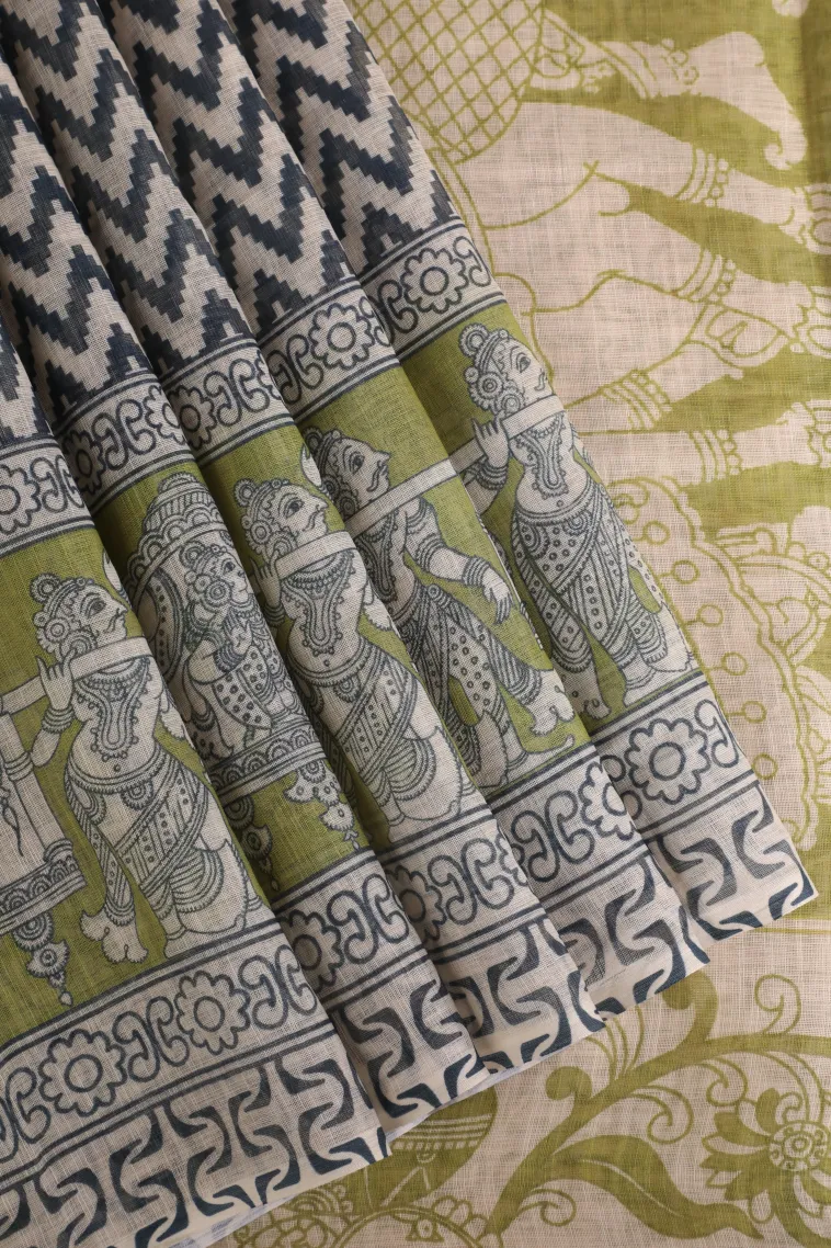 Cotton White Linen Saree Without Zari With Zig Zag Pattern