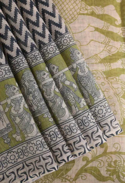 Cotton White Linen Saree Without Zari With Zig Zag Pattern