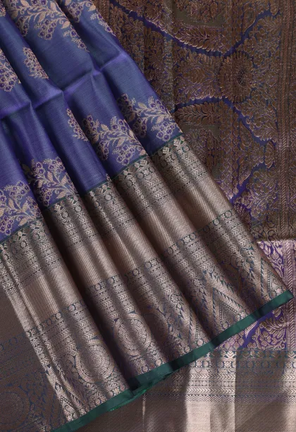 Daffane Blue Soft Silk Saree with Gold Zari Kodi Pattern