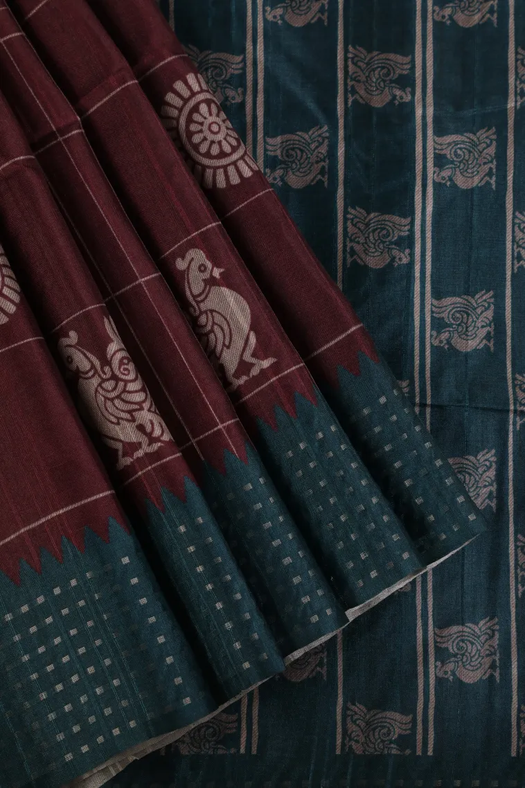Merlot Red Tussar Saree Without Zari With Checks And Puttas
