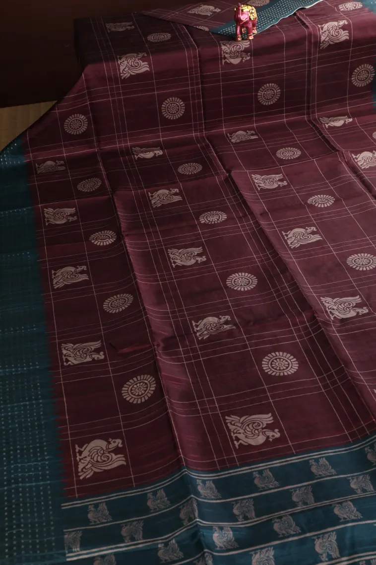 Merlot Red Tussar Saree Without Zari With Checks And Puttas view 2