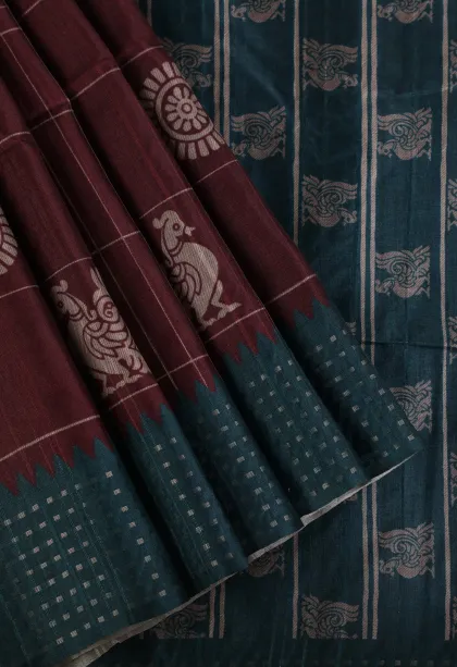 Merlot Red Tussar Saree Without Zari With Checks And Puttas
