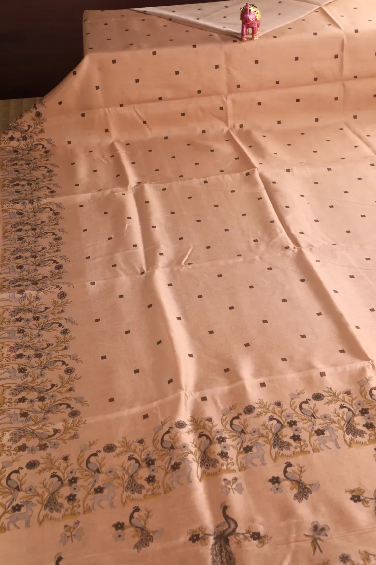 Peach Pink Semi Tussar Silk Without Zari With Peacock And Animal view 2