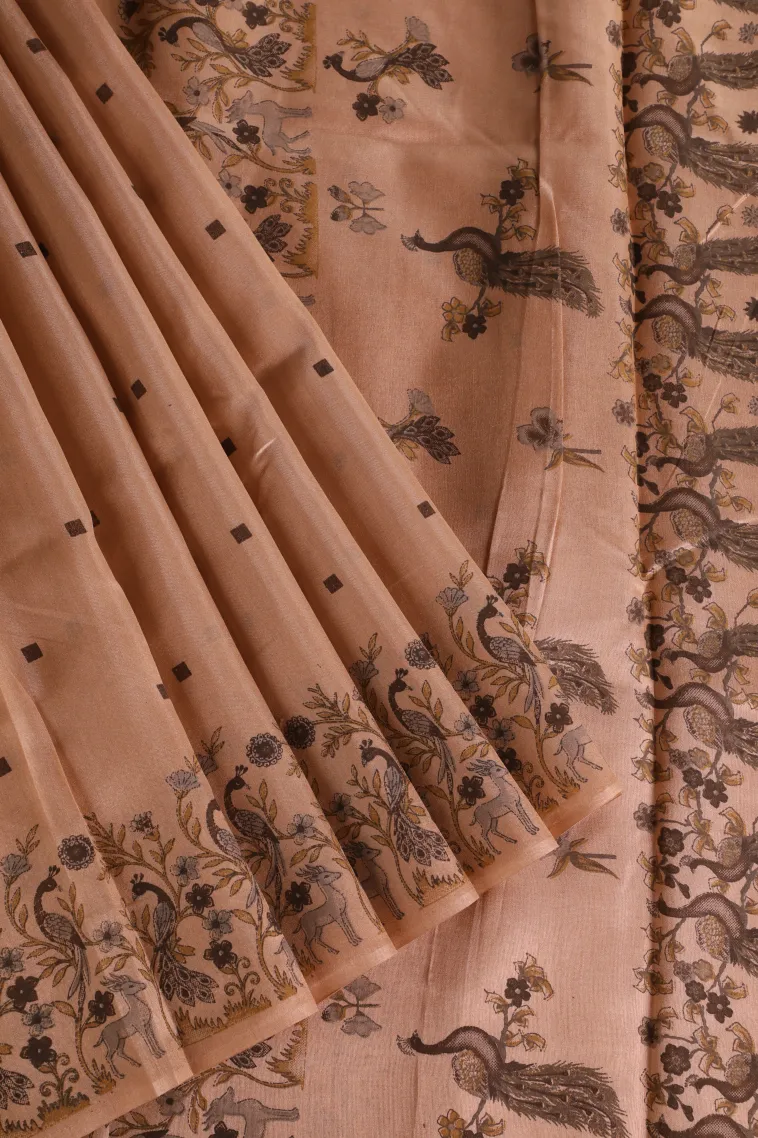 Peach Pink Semi Tussar Silk Without Zari With Peacock And Animal