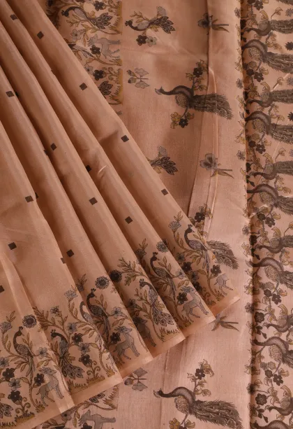 Peach Pink Semi Tussar Silk Without Zari With Peacock And Animal