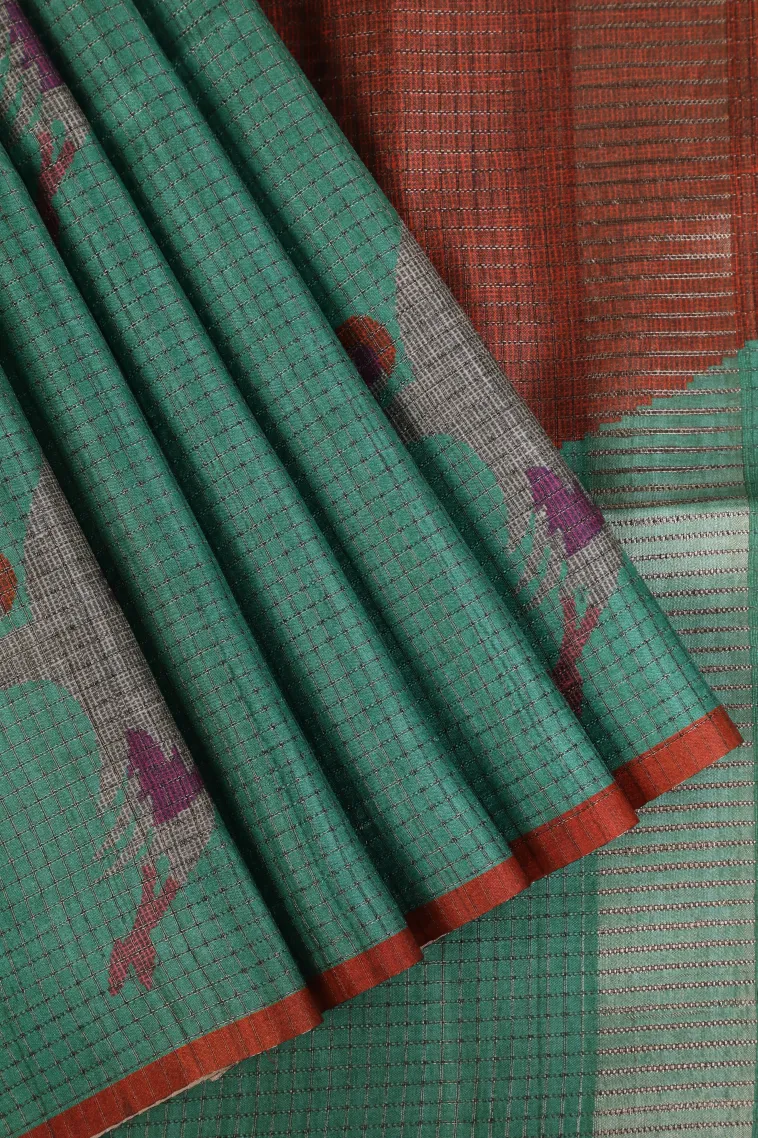 Teal Blue Tussar Saree with Gold Zari Small Checks Pattern