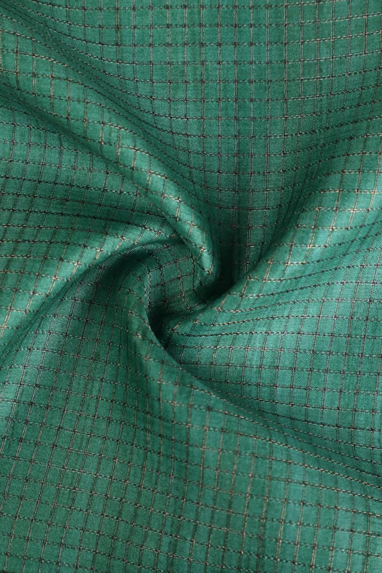 Teal Blue Tussar Saree with Gold Zari Small Checks Pattern view 4