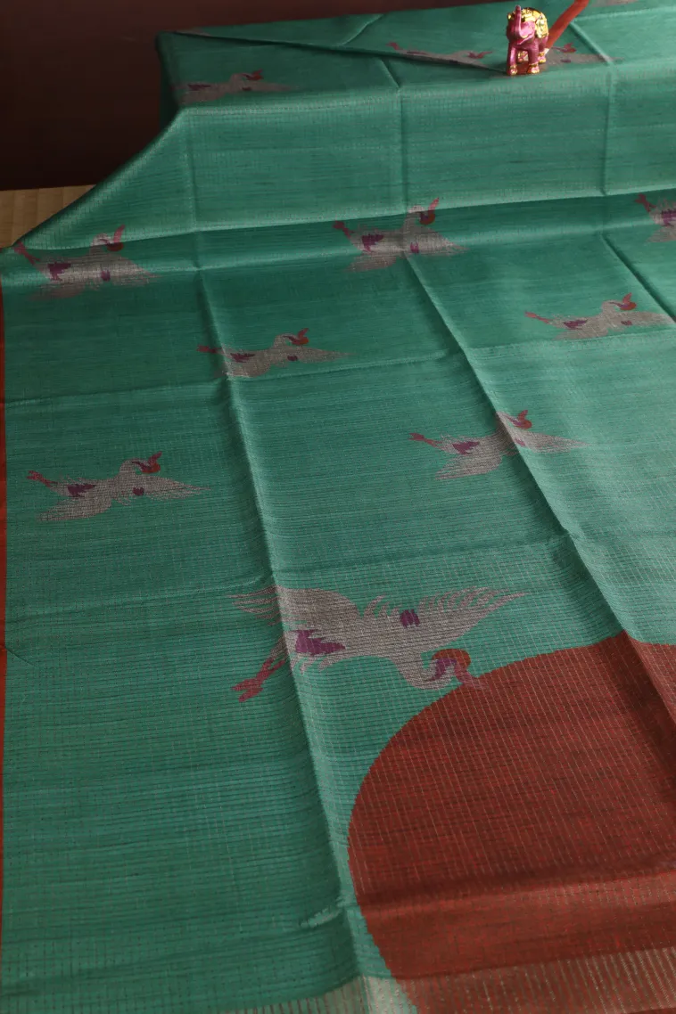 Teal Blue Tussar Saree with Gold Zari Small Checks Pattern view 2