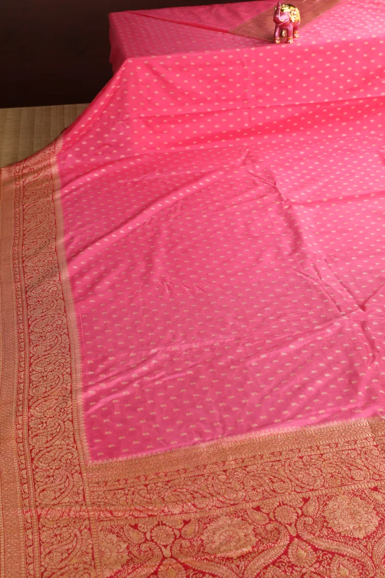 Bubblegum Pink Tissue Banaras with Gold Zari Buttis (small Dots Or Motifs) view 2